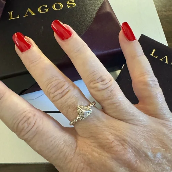 LAGOS DIAMOND 0.23 CTW 18K YELLOW GOLD & STERLING SILVER PYRAMID RING - Size 7 - Picture 5 of 6